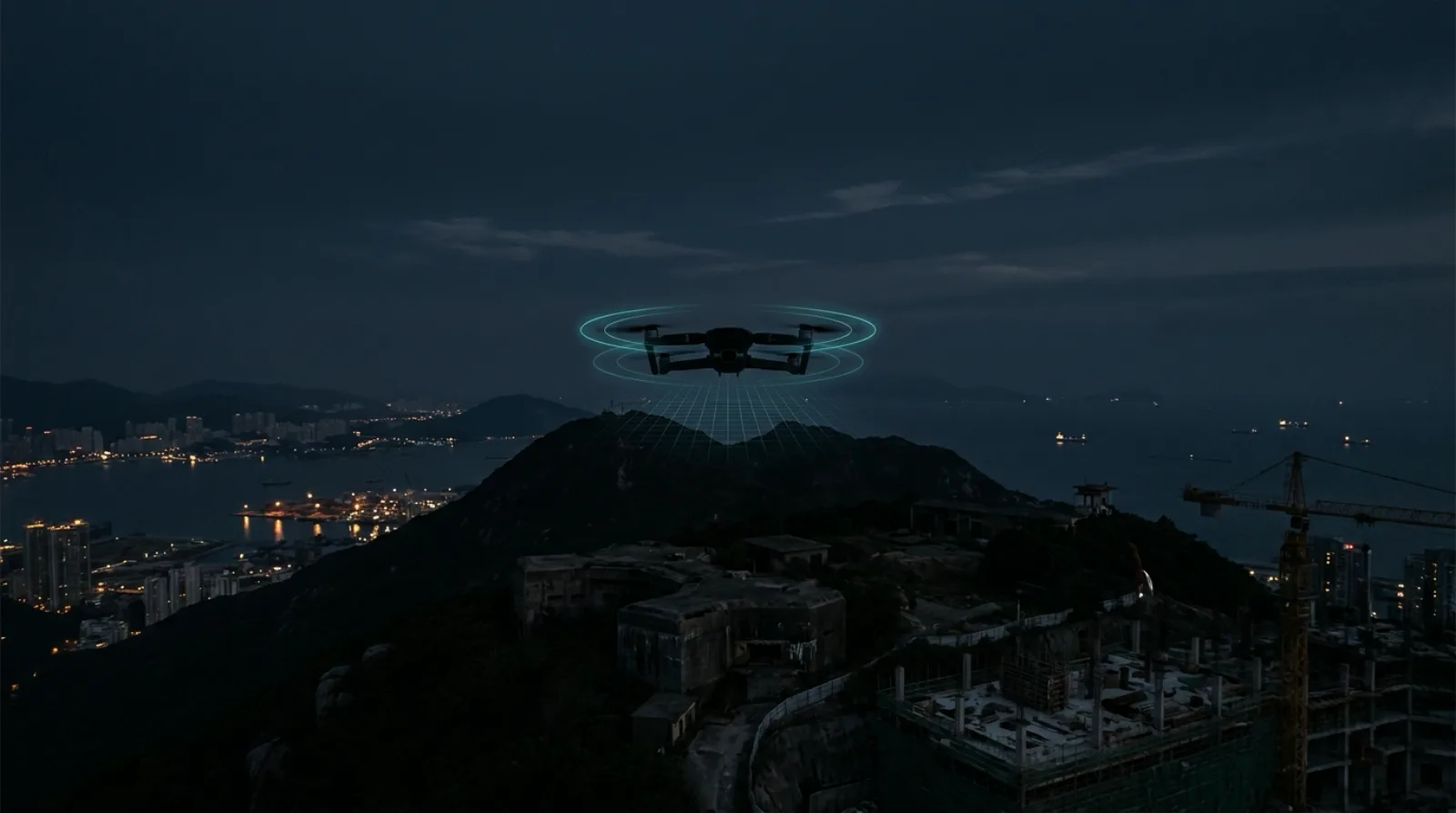 A drone hovering over a dark island with old military buildings at night, ringed by cyan radar circles